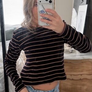 Vintage 90s Hip Wear Striped Velour Cropped Long Sleeve